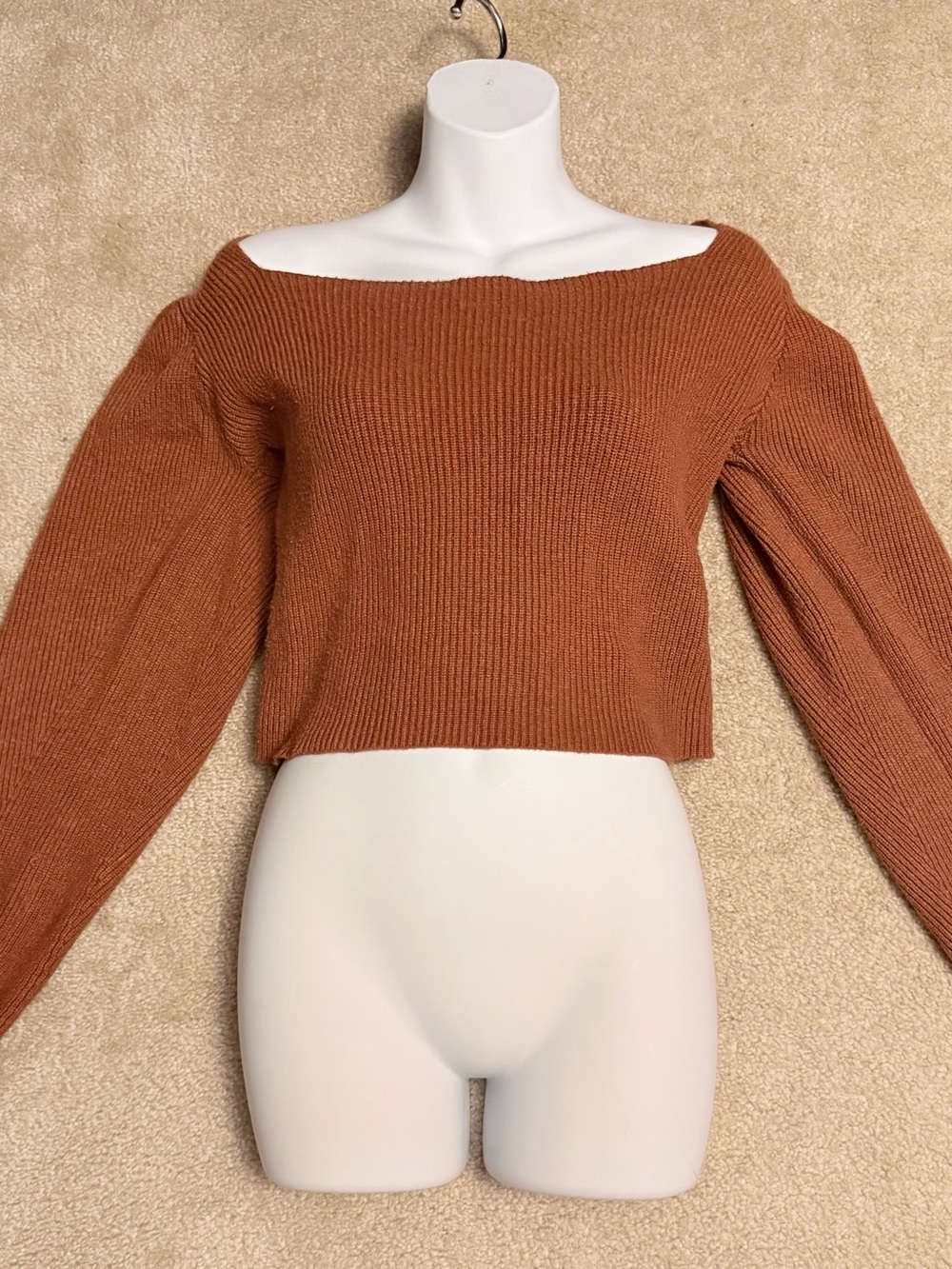 Rust Off-Shoulder Ribbed Sweater